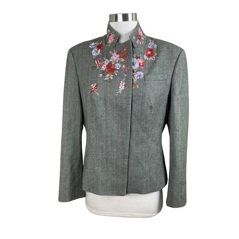 Worth Herringbone Floral Embroidered Wool Country Equestrian Jacket Blazer 6P